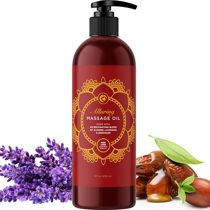 Alluring Lavender & Tropical Passions Massage Oil Set - Aromatherapy Full Body Massage Oil for Couples Bundle with Naturally Scented Vegan Non GMO & Gluten Free Ingredients (8 Fl Oz Each)