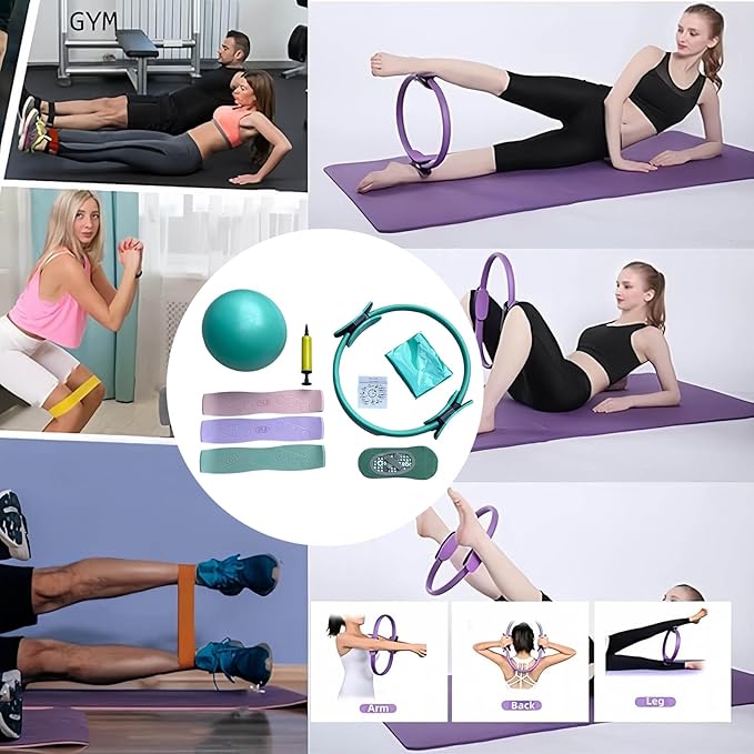 Pilates Ring Set for Home Workouts Women, Pilates Kit with Resistance Bands Magic Circle Accessories, Exercise Ball 9.8”, Portable Fitness Equipment for Home, Gym, Office Workouts