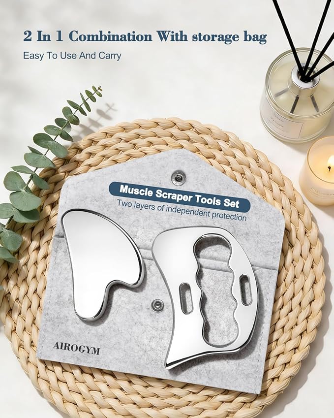 airogym 2 in 1 Stainless Steel Gua Sha Massage Tool - Professional Muscle Scraper for Soft Tissue Mobilization, IASTM Physical Therapy & Myofascial Release - Body Sculpting & Pain Relief Kit