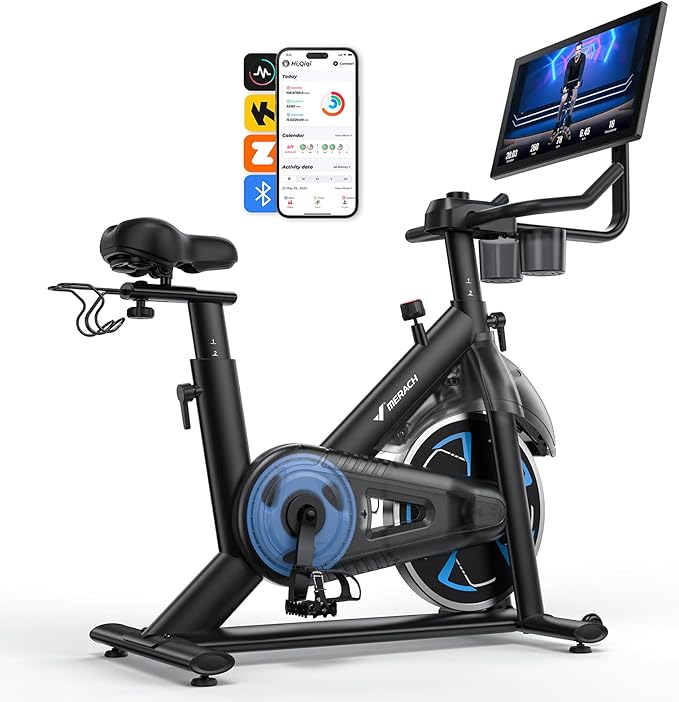Merach Magnetic Exercise Bike, Low Noise Stationary Bike for Home with Comfortable Seat Cushion, Spinning Bike with 330 lb Weight Capacity, Exclusive App, Tablet Mount and Fitness Courses