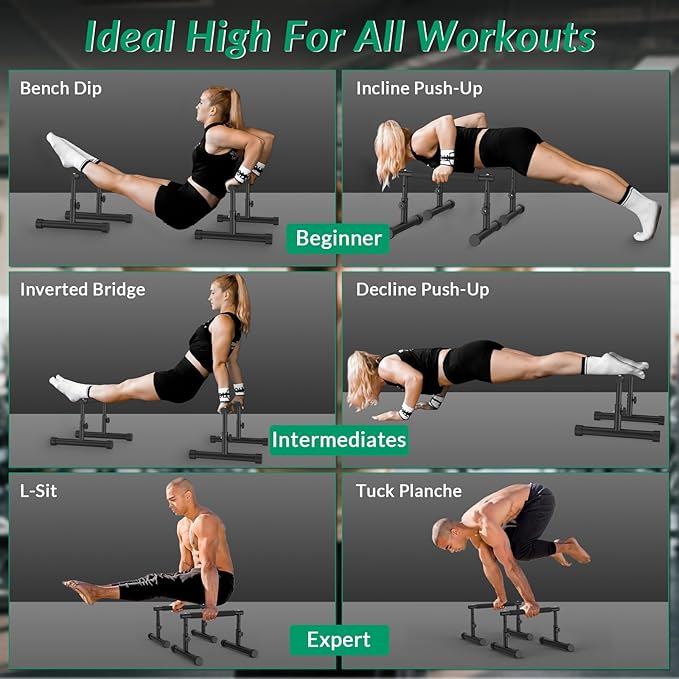 IMAYCC Push Up Bar, Adjustable 7.5" and 10.6" High Parallettes Bars & Dip Bar With Full-Cover Foam Grips, No Wobbling Calisthenics Equipment For Handstand, L-Sit, Gymnastics, Strength Training Home Gym