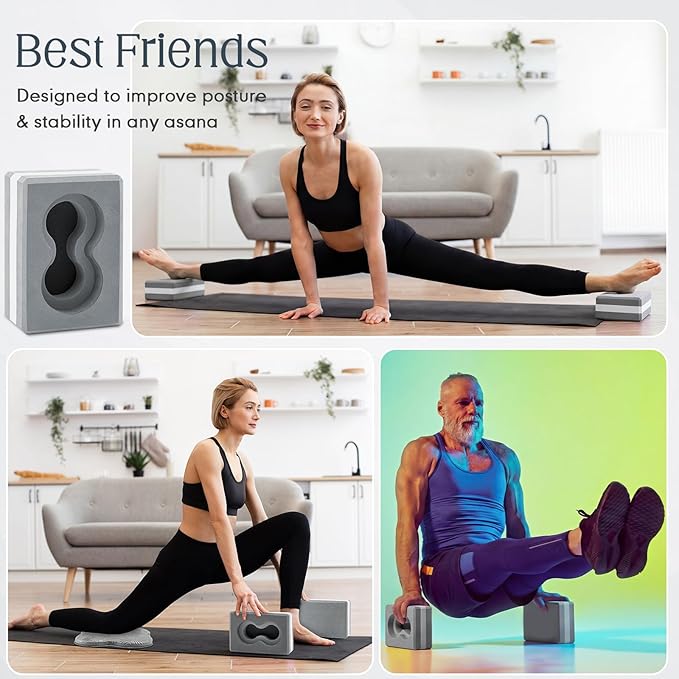 2 Pack Yoga Blocks Wrist Support Yoga Blocks with Knee Pads and Strap to Put Less Weight on Wrist Improve Comfort and Grip, EVA Foam Pilates Exercise Balance Stretching Accessories