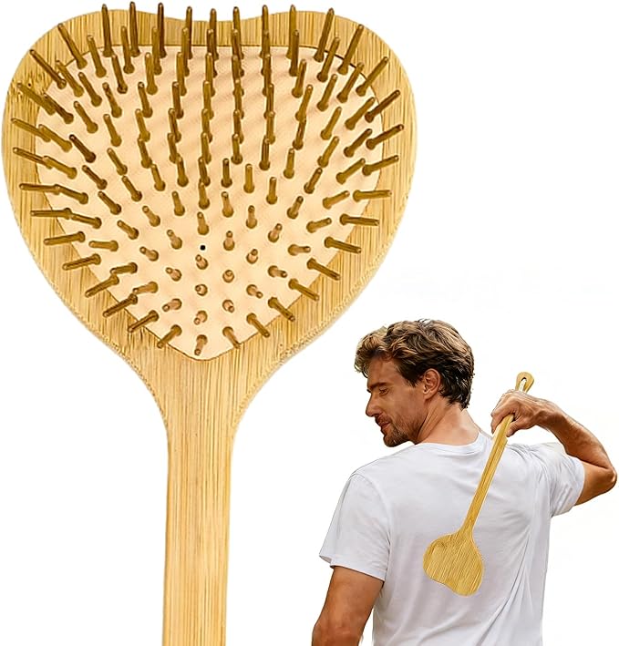 15.75" Heart-Shaped Bamboo Back Scratcher with Airbag Cushion – Elastic & Gentle on Skin, Relieves Itching & Massages Back, Shoulders, Legs, Suitable for Women ,Men & Adults (A-Pure Wood Color)