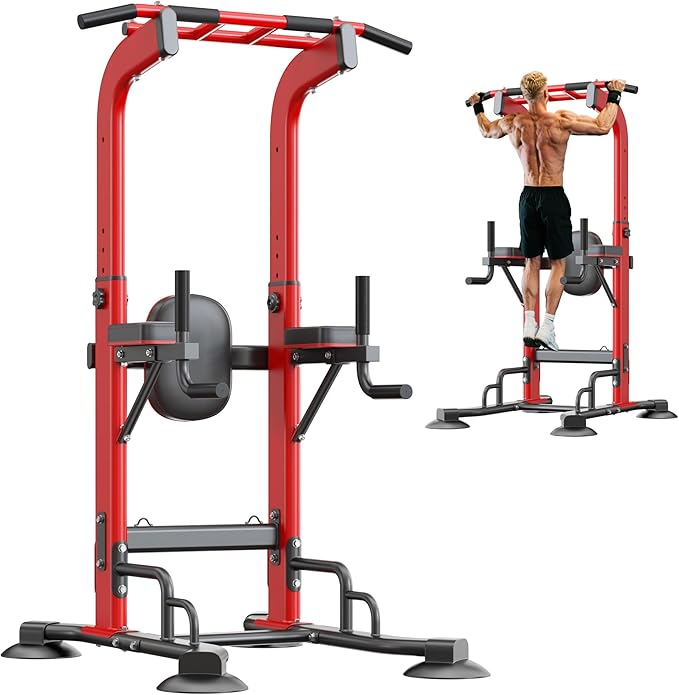SogesHome Pull Up Bar and Dip Station, Heavy Duty 330LB Capacity Adjustable Home Gym Equipment for Strength Training, Multifunctional Push Up Bars for Arms, Back, Chest, Shoulders & Core Workout, Red