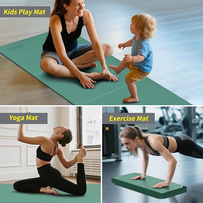 Foldable Yoga Mat Extra Thick & Large (74" x 31.5" x 0.32"), Double-Sided Non Slip & Lightweight Fitness Mat, 8mm Thick Wide Exercise Mats for Woman Man Kids, Portable Workout Mats for Travel, Studio or Home Use