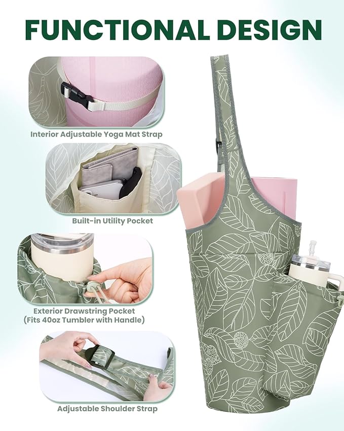 sportsnew Yoga Mat Bag for Women with Drawstring Pocket & Inner Pocket, Large Opening Yoga Mat Carrier for Quick Access, Adjustable Shoulder Strap, Fits 1/4" & 1/2" Thick Mats for Workout, Gym, Pilate