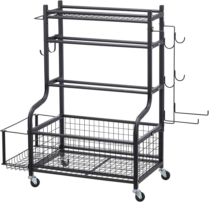 VEVOR Yoga Mat Storage Rack, Home Gym Workout Equipment Organizer, Powder Coated Finish Steel Yoga Mat Holder with Hooks & Wheels, Weight Rack for Dumbbell, Kettlebell, Foam Roller, and Yoga Strap