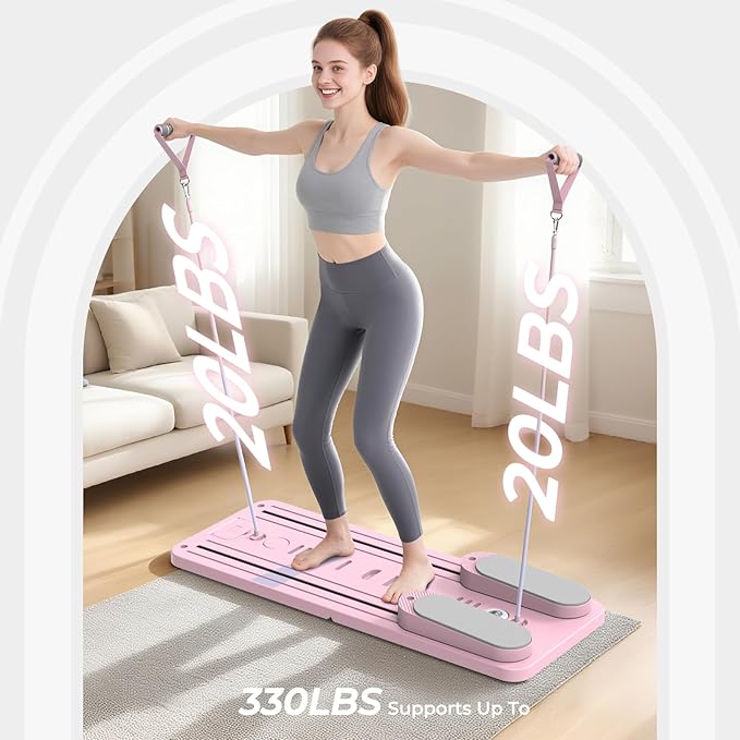 Multifunctional Pilates Board, Pilates Reformer Sets 7-in-1 Foldable Pilates Reformer Machine for Home Workout with Timer, Phone Holder, Push-up Bar, Ab Board, 330LBS Capacity Portable Set