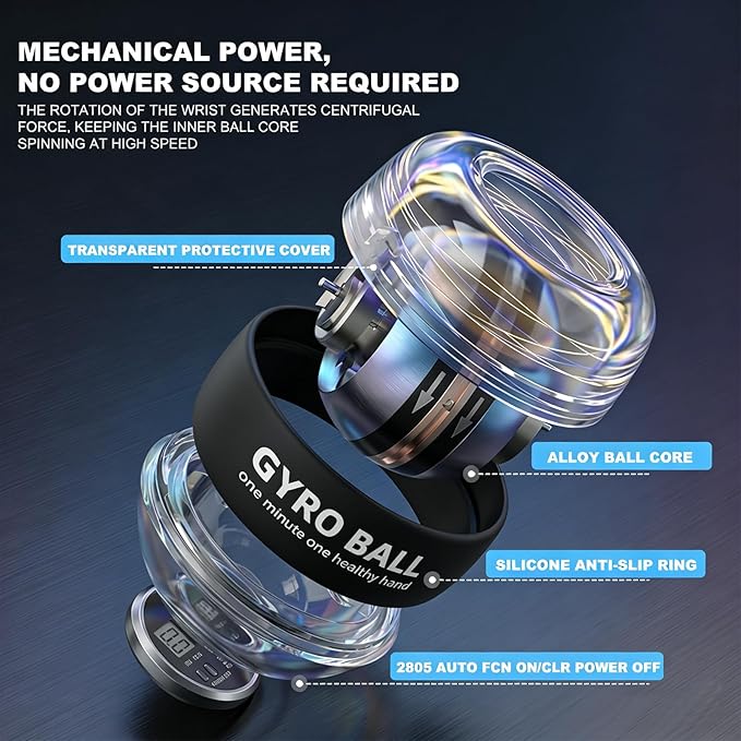 Torque Ball Auto-Start Gyro Ball with LED Counter - Wrist & Forearm Strengthener - Gyroscopic Hand Exerciser for Grip Strength, Flexibility & Daily Vitality