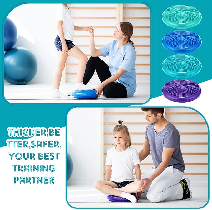 Sotiff 4 Pcs Inflated Wobble Cushion Wiggle Seat for Sensory Kids Flexible Seat for Classroom Wobble Disc with Inflation Pump Stability Balance Board for Adult Physical Therapy Exercise