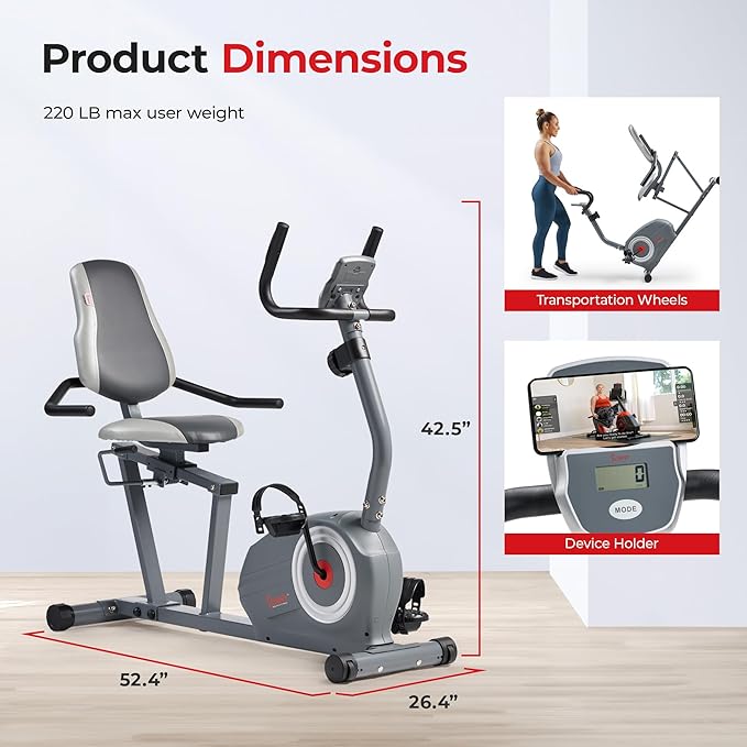 Sunny Health & Fitness Smart Magnetic Recumbent Bike, Home Cardio Trainer & Cycling Machine for Seniors, Free SunnyFit App Connection, Optional Hand Cycle, Resistance Bands, or Pulse Sensors