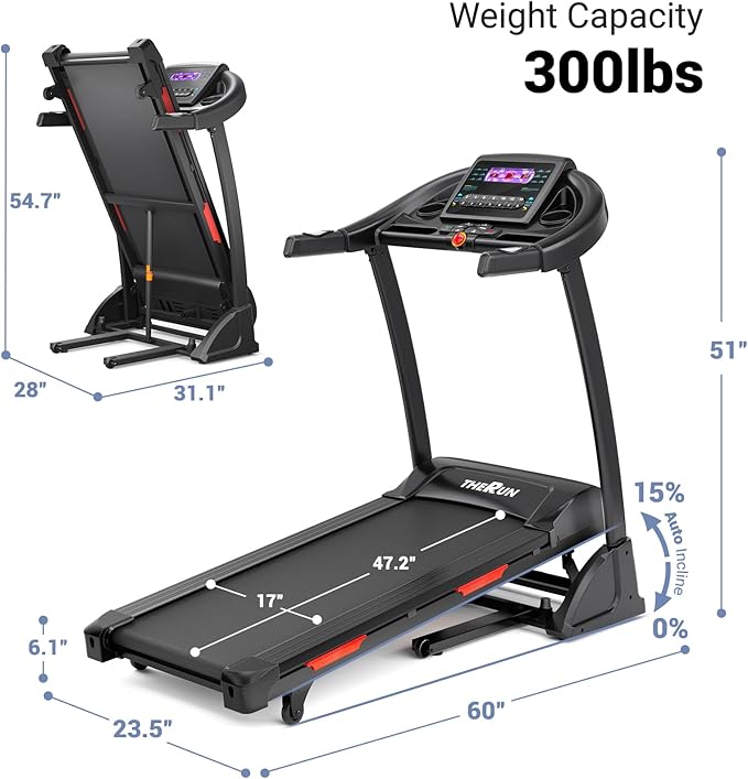 THERUN Incline Treadmill, Treadmills for Running and Walking, 300 lbs Weight Capacity Folding Treadmill with 0-15% Auto Incline, Wide Belt, 3.5 HP, App, Heart Rate