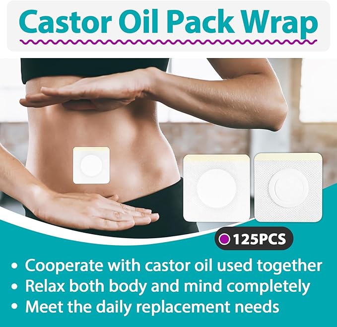 125 Pcs Castor Oil Patches for Belly Button, Self-Adhesive Disposable Castor Oil Pack Wrap with Cotton, Highly Absorbent Core, Breathable and Soft (Patch Only (Oil Not Included))