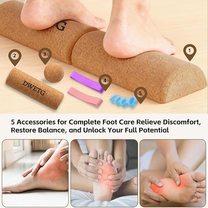 Cork Balance Board Foot Recovery & Balance Training Kit with Toe Separators, Massage Ball & Resistance Bands Plantar Fasciitis Relief, Foot Strengthening, Stability & Mobility for Sports & Outdoors
