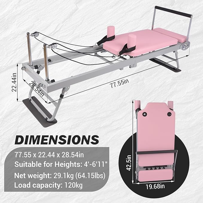 Pilates Reformer Machine Equipment Pink ,Foldable Home Reformer Pilates with Resistance Cords for Workout,Paeta Pilates Reformer