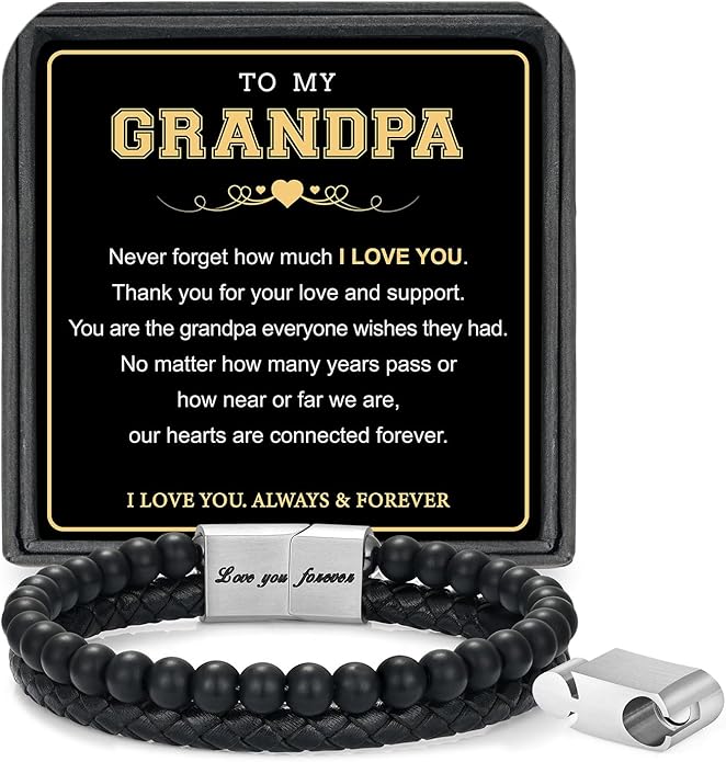 LUXEJEW Gifts for Men - Beaded Leather Bracelet 6mm Matte Agate Stone Bracelets for Men Dad Son Husband Boyfriend Grandpa Grandson Brother Uncle Nephew Adjustable Magnetic Clasp