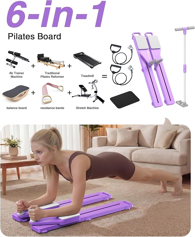 2026 Upgrade 6-in-1 Pliates Board - Multifunctional Anti-Slip Silent Pilates Board Portable Pilates Reformer Machine for Full Body Workout