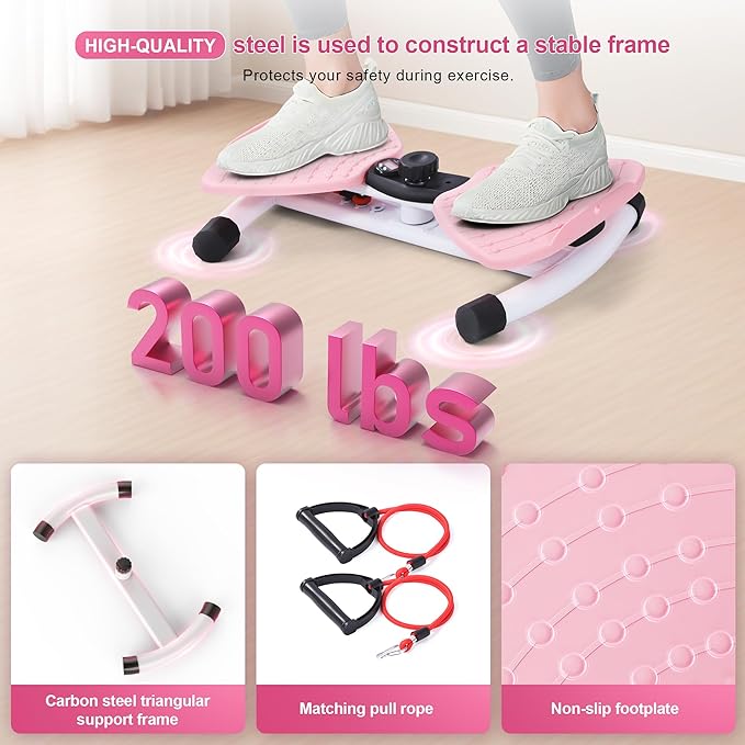 Waist Twister Machine Exercise With Digital Display To Track Time, Reps And Calories Burned, Waist twister machine With Balance Rope, Noiseless Abs Twister Plate, Holds 220 Lbs (pink and white)