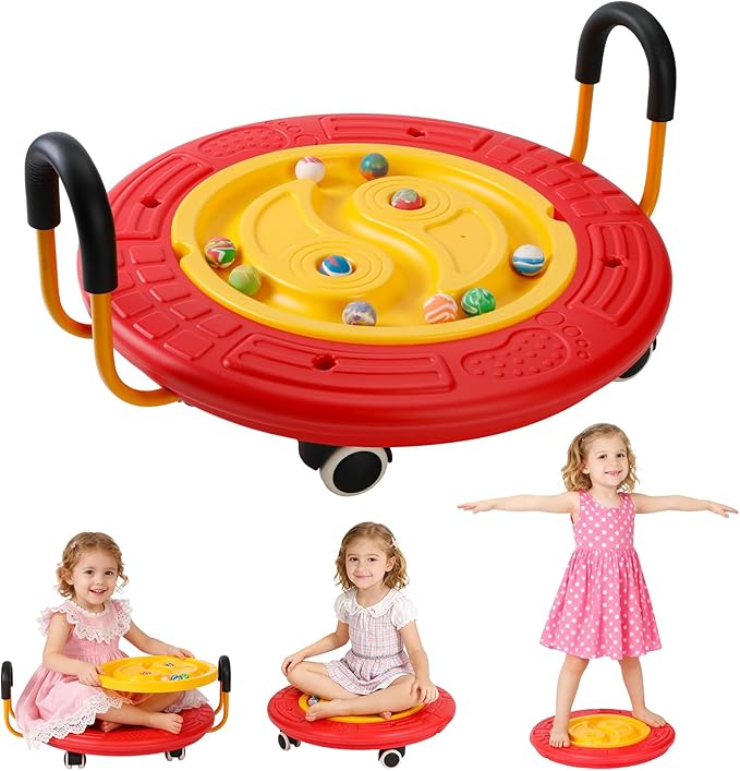 3-In-1 Balance Scooter Board for Kids，Plastic Wobble Balance Board Rocker Maze with Handles, 5 Balls, Toddler Floor Scooter Boards for Sensory Training, Physical Therapy