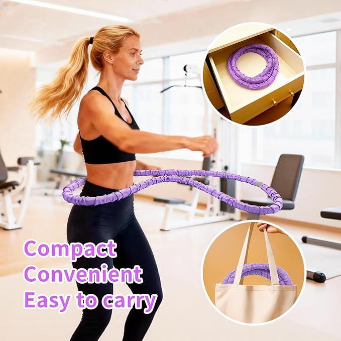 2 lbs Weighted Soft Velvet Hula Hoop Women, Spring Exercise Fitness Hoop Weight Loss Adults Collapsible Portable, No Bruising, for Core Strengt, Waist Toning&Fat Burning, Home Travel Workouts (Purple)