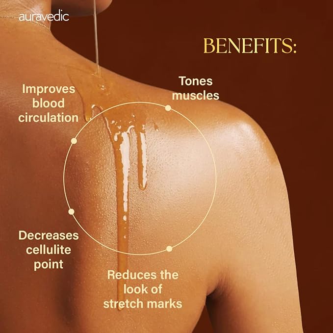 Auravedic Body Toning Massage Oil | Helps Reduce Stretch Marks, Cellulite & Sagging | Infused with Cinnamon, Cardamom & Bay Leaf | for Smooth, Supple Skin | 6.76 Fl Oz (200ml)