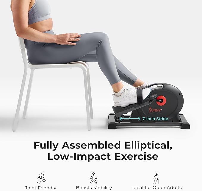 Sunny Health & Fitness Under Desk Pedal Elliptical Machine, Adjustable Resistance Leg Exerciser Home Workout While Sitting for Seniors, Optional Motorize or in Pink with SunnyFit App via Bluetooth