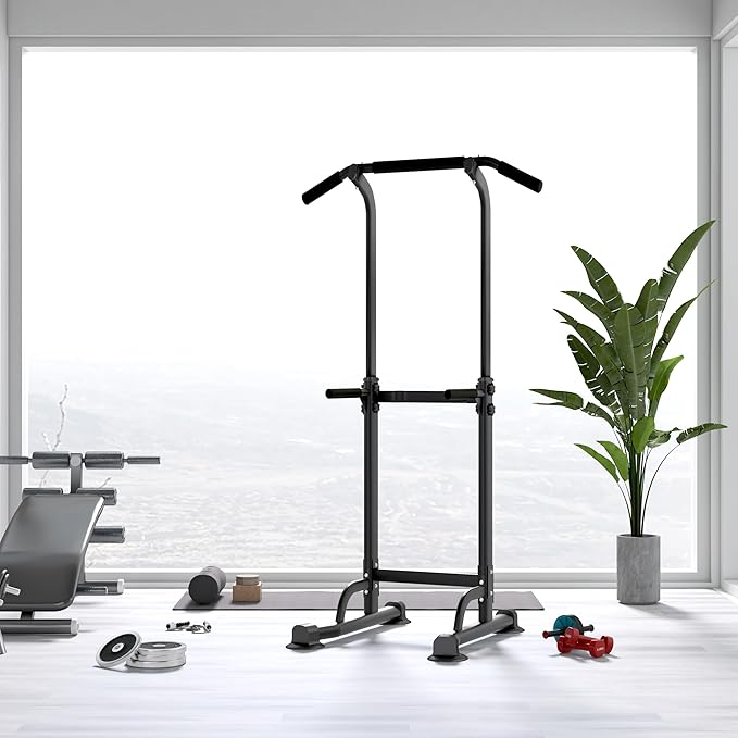 Adjustable Power Tower Pull Up Bar Dip Station - Heavy-Duty Steel Home Gym Equipment with Adjustable Height, Space-Saving Foldable Design for Full-Body Strength Training