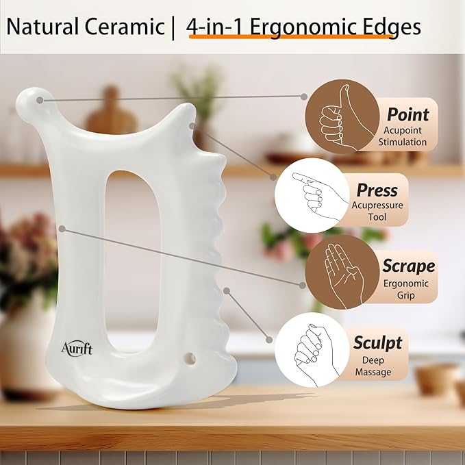 Ceramic 6‑in‑1 Gua Sha Tool for Face & Body, Jawline Sculpting, Double Chin Reduction, Lymphatic Drainage, Trigger Point Manual Massage Tool, Self-Care Gift Box for Women, White