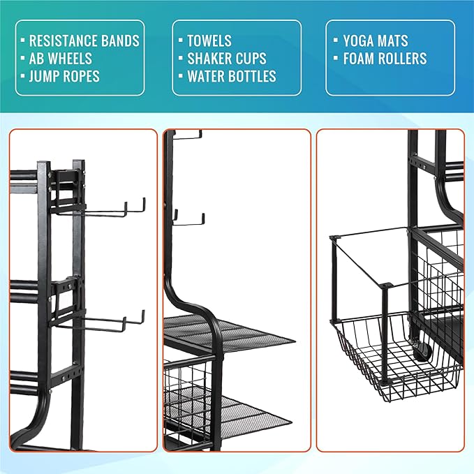 STUFFSTASH Adjustable Dumbbell Rack for Home Gym – Heavy Duty Weight Rack with Kettlebell Shelf, Yoga Mat Holder & Wheels – 700 LB Capacity Gym Equipment Storage Organizer