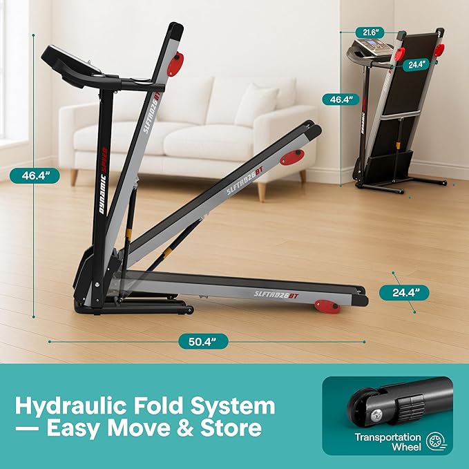SereneLife Treadmills for Home with 13% Manual Incline Treadmill, 3.5HP - Compact Digital Portable Foldable Treadmill with Speakers, Bluetooth, App Sync, Heart Rate Monitor, for Walking, Running, Gym