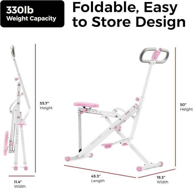 Sunny Health & Fitness Smart Row-N-Ride Glute & Leg Trainer, Foldable Squat Assist Rower with Exclusive SunnyFit App Connection