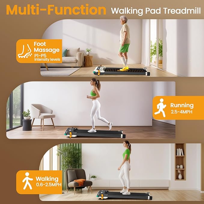 2 Side Walking Pad Treadmill with Incline Massage Function, 2 in 1 Under Desk Treadmills Walking Pad and Foot Massager for Home/Office, Portable Treadmill with Remote Control LED Display