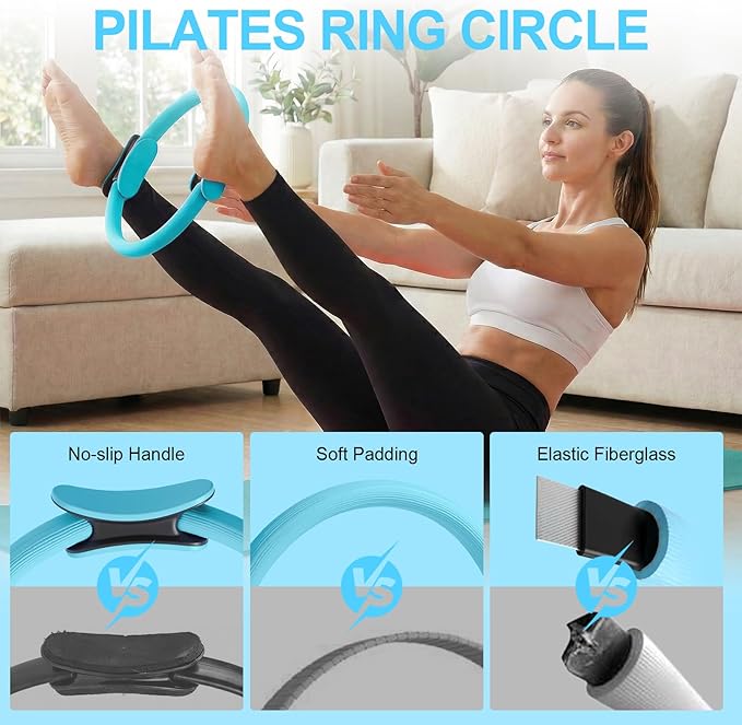 Home Pilates Ring and Ball Set for Women with 5 Resistance Bands 13 inch Magic Circle Workout Starter Kit for Beginners Full Body Toning 15 Min Daily Routine