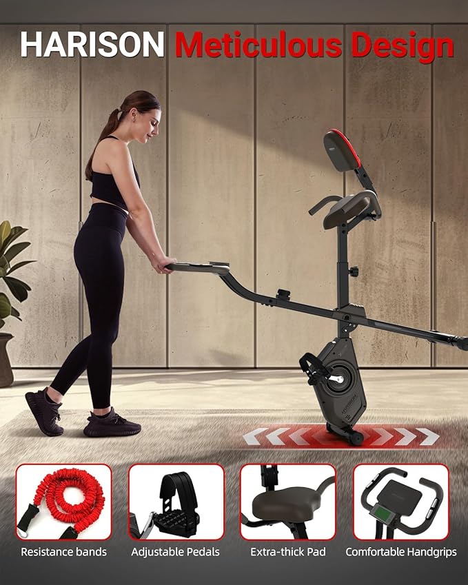 HARISON Folding Exercise Bike 350 LBS Capacity, 5 in 1 Bluetooth Stationary Bikes for Home with 16-Level Resistance and Arm Resistance Bands, Magnetic X-Bike with LCD Monitor & Back Support