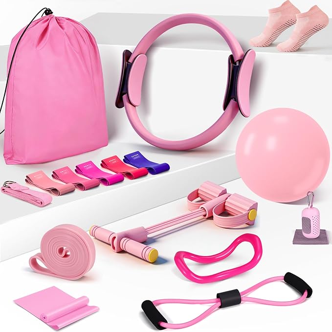 Pilates Essentials Kit for Women 15 Pcs Pilates Equipment for Home Workouts with Yoga Circle Ball Ring, 5 Resistance Bands,Pedal Puller Resistance Band,Anti Slip Socks for Starter Set
