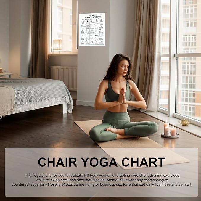 Chair Yoga 30-Day Set - 6 Pieces | Workout Supplies with Instruction Book for Beginners Home Travel Gym Office Morning Family Friends Sports Athletes Bodybuilding Fitness Strength