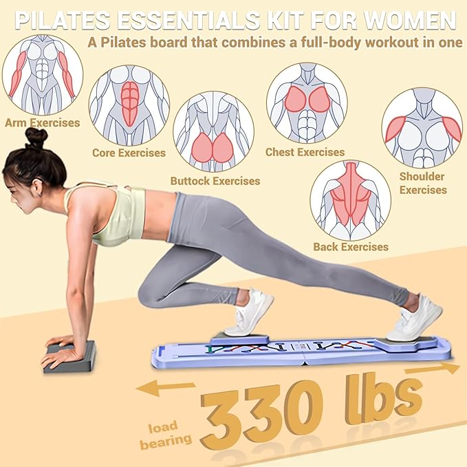 Pilates Board for Home Workout with Mat, Bar, Slider and Resistance Bands, Foldable Portable Pilates Reformer Machine Kit for Women, Multifunctional Pilates Equipment for Gym Office Exercise