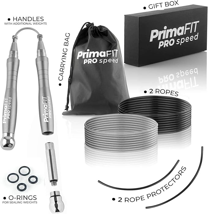 PrimaFIT Jump Rope Pro Speed Skipping Rope Adjustable Adult Jumping Rope Weighted Aluminium Handles for Double Dutch Boxing Workout Crossfit Exercise Fitness Spare Cable Weights Protectors Carry Bag