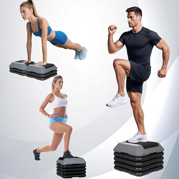 Smartxchoices 16 Inch Adjustable Aerobic Stepper Exercise Workout Step Platform Bench with 4 Risers 4"-6''-8''-10''-12' Height for Home Gym Fitness Training High Step Aerobics Platform