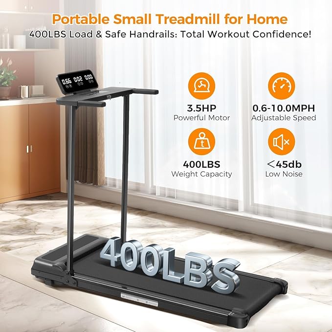 Walking Pad Treadmill with Handle Bar, 3.5HP Electric Treadmill with Handles for Home Small, 2026 Upgrade Walking Pad Treadmill with Handle Bar and Big Screen, 0.6-10.0MPH, 400LBS