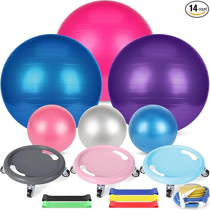 Soulchen 14 Pcs Yoga Pilates Equipment for Women Include Abdominal Roller Wheel 26 Inches Pilate Ball with Pump Exercise Resistance Bands 9.8 Inches Fitness Balls for Home Office Gym Fitness