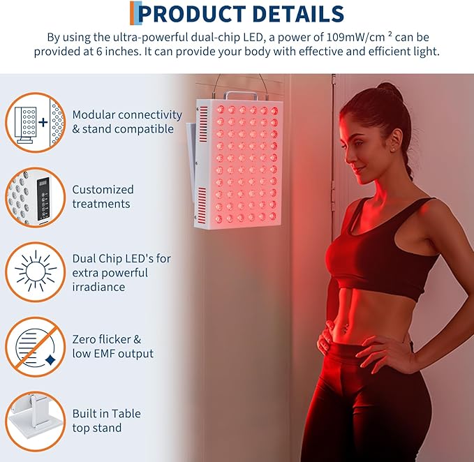 Red Light Therapy for Face and Body, Red Near Infrared Light with Timer and Stand, 60 Dual Chip LEDs, High Power Output Red Light Panel for Skin, Pain, Energy, Recovery, Performance, RT 300(NO Base)