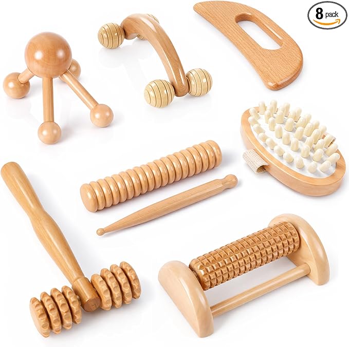TrelaCo 8 Pcs Wood Therapy Massage Tools Set, Lymphatic Drainage Massager Maderoterapia Kit, Manual Massage Rollers for Muscle Pain Relief, Anti-Cellulite, Body Contouring and Shaping