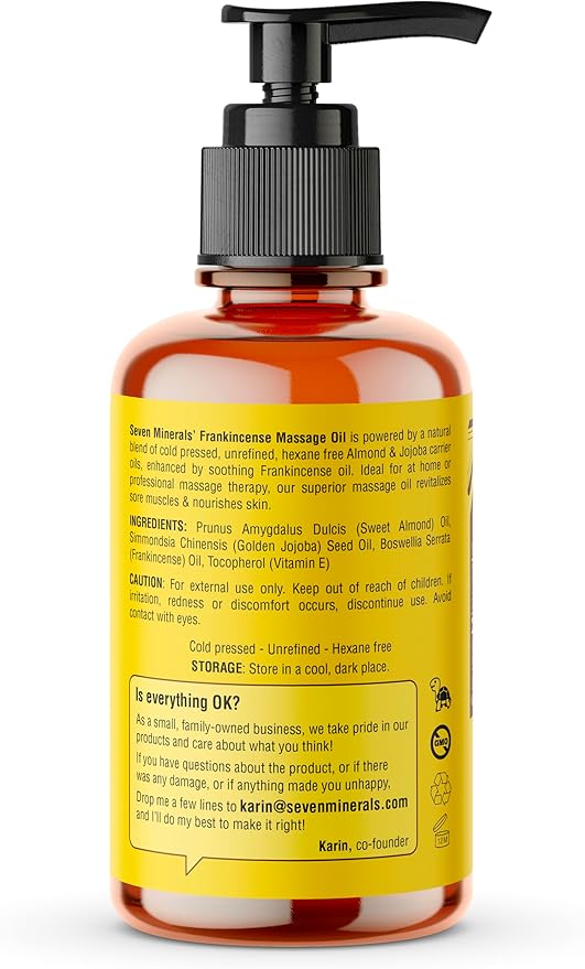 Seven Minerals Frankincense Massage Oil for Massage Therapy - 4oz - Ideal for Professional or at-Home Body Massage. Soothing Natural Blend of Almond, Jojoba & Vitamin E