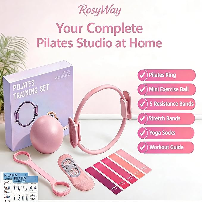 RosyWay Pilates Kit for Women-Pilates Ring and Ball Set, at Home Pilates Workout Equipment with Magic Circle,5 Resistance Bands, Ball,Elastic Bands-Beginner Valentine's
