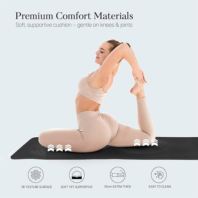 Extra Thick 12mm Exercise Mat – Non-Slip, Joint-Friendly & Cushioned Fitness Mat for Yoga, Pilates & Floor Workouts – Durable, Supportive & Includes Feetlu Classic Strap