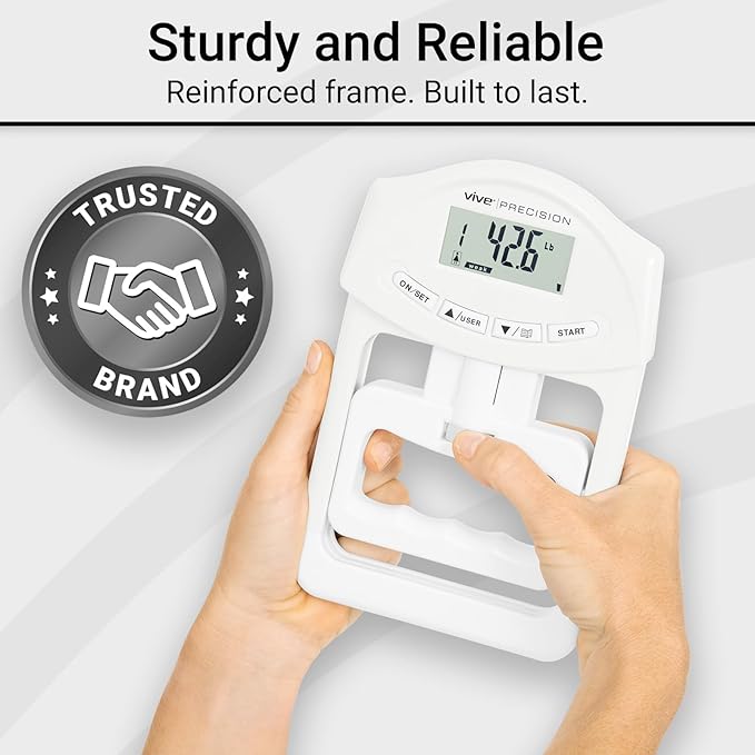 Vive Precision Grip Strength Tester - Hand Grip Dynamometer - Handheld Digital Grip Measurement Meter Device Trainer Power 198 Lbs / 90 Kgs - Strengthener Exerciser for Sports, School and Home Use