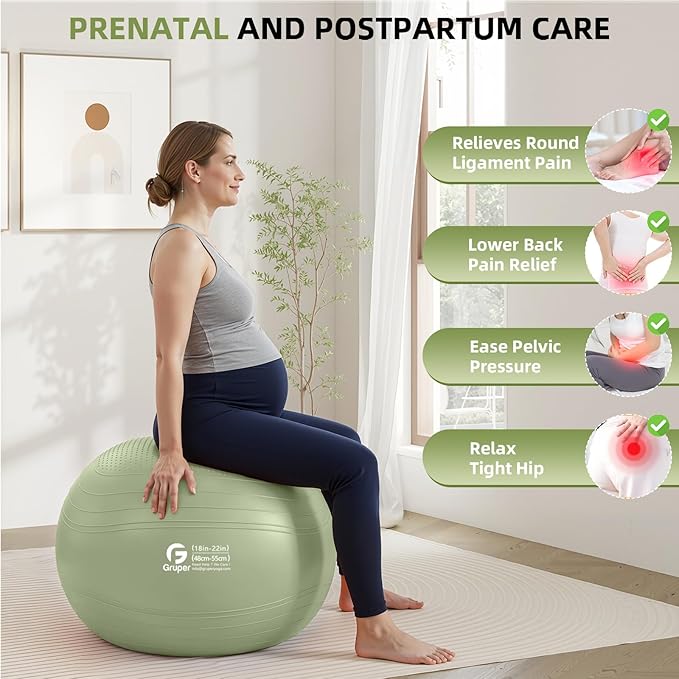 Gruper Yoga Ball, Extra Thick Non Slip Exercise Ball for Workout, Birthing, Balance, Stability, Pregnancy, 4 Sizes Anti Burst Chair for Home and Office, Includes Quick Pump & Fitness Guide
