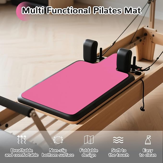 Non Slip Pilates Reformer Mat, Soft Suede Velvet Pilates Towel Mat, Pilates Mat with Multiple Equipment, Lightweight and Foldable, Sweat Wicking and Quick Drying, For Yoga and Fitness (Pink)