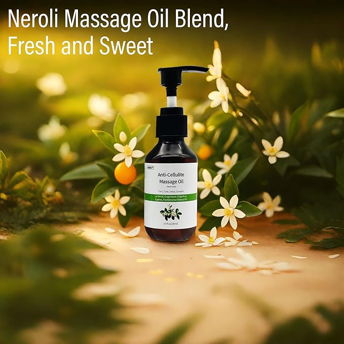 3.4 fl oz Anti-Cellulite Massage Oil with 7 Pure Natural Essential Oils for Body Massage Therapy, SPA, Tightening Skin and Reducing Stretch Marks(Neroli Scent)